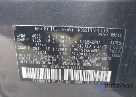 2017 Subaru Outback 2.5I из США, поврежденный, VIN 4S4BSAAC7H3265411